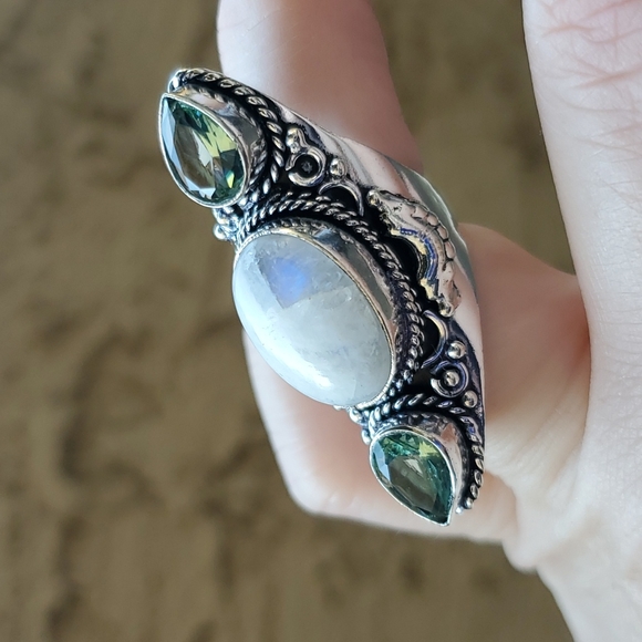 New Rainbow Moonstone & Green Amethyst 925 Silver Statement Ring. - Picture 5 of 15